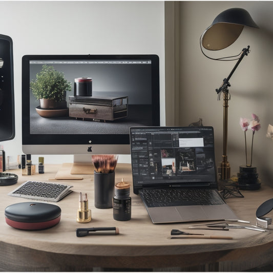 A split-screen image featuring a traditional makeup artist's workspace on one side, cluttered with products and brushes, and a minimalist online learning setup on the other, with a sleek laptop and a few select products.