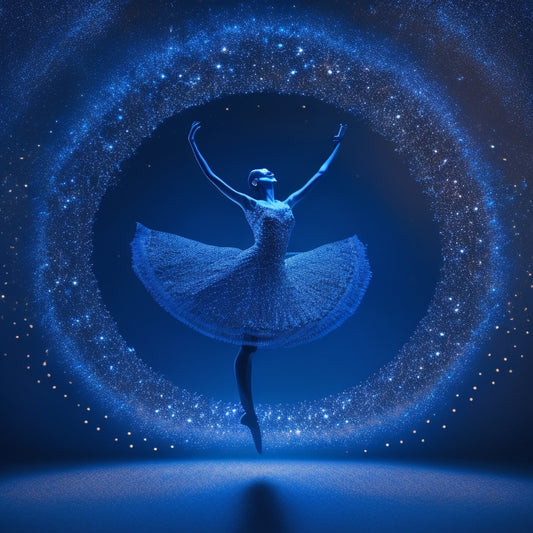 A whimsical illustration of a dancer's silhouette composed of connected dots, surrounded by swirling patterns and shapes, with a subtle glow effect, set against a dark blue background.