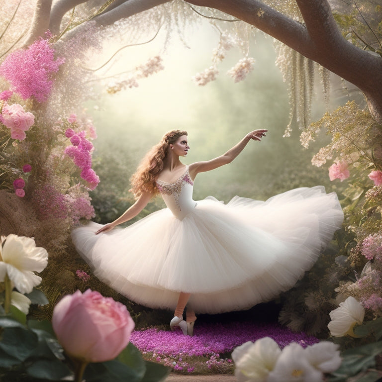 A delicate, dreamy illustration featuring a whimsical ballerina surrounded by lush, blooming flowers and vines, set against a soft, creamy background with subtle, shimmering accents.