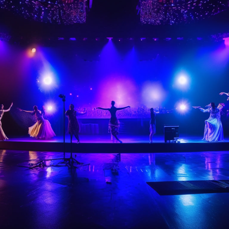 A darkened theater with a spotlight shining down, a dancer in mid-air, surrounded by floating video editing screens and laptops, with colorful video clips and timelines swirling around them.