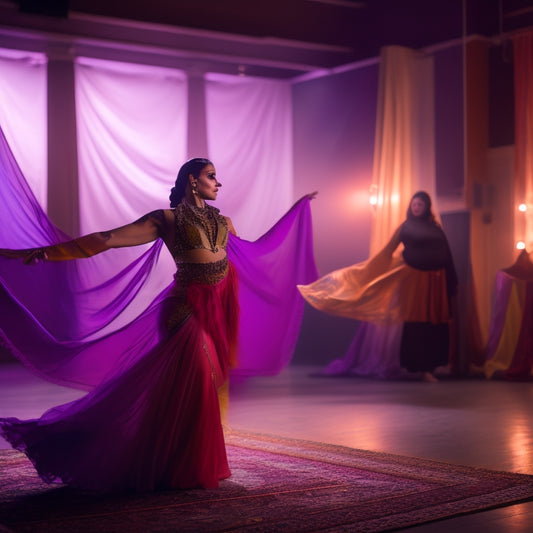 A serene, dimly lit dance studio with a beginner belly dancer in a flowing, shimmering costume, surrounded by colorful scarves and veils, stretching and bending in various warm-up poses.