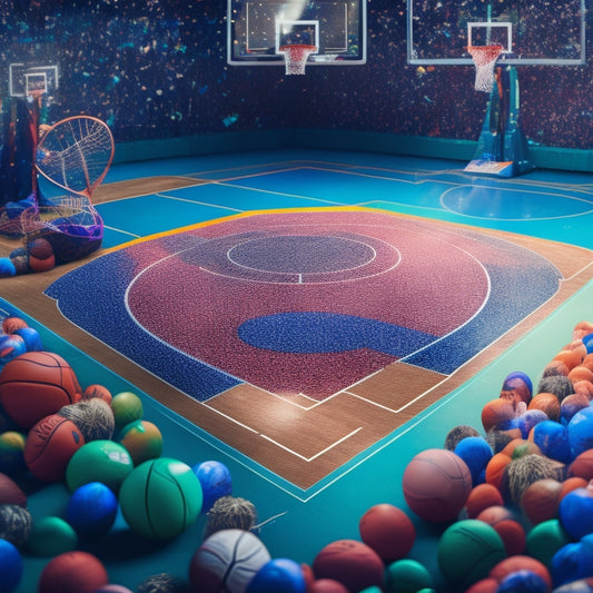 A colorful illustration of a basketball court with a giant bracket board in the background, filled with scribbled team names and scores, surrounded by scattered basketballs and confetti.