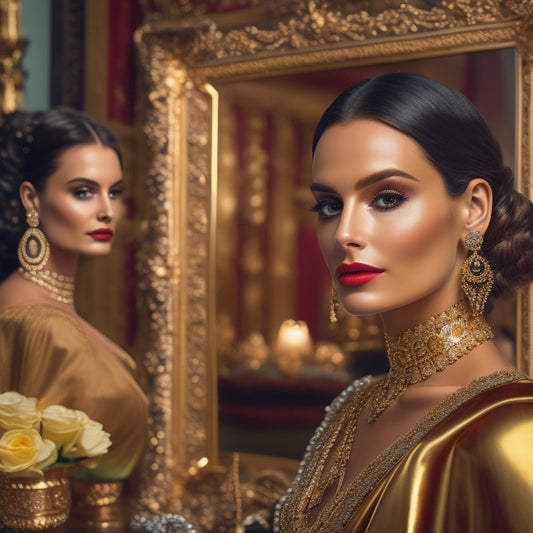 A luxurious, velvet-draped backdrop with a row of ornate, gold-framed mirrors reflecting a lineup of glamorous, statuesque figures, each adorned with dazzling jewelry and impeccable hairstyles.