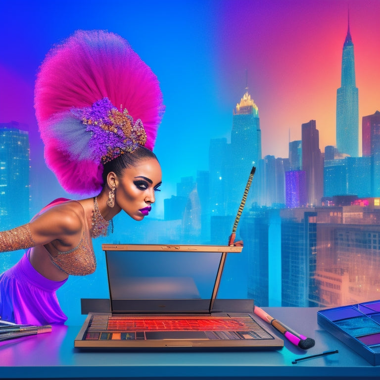 A vibrant, colorful illustration of a dancer in front of a laptop, surrounded by makeup brushes, palettes, and mirrors, with a subtle cityscape or dance studio background, conveying creativity and versatility.