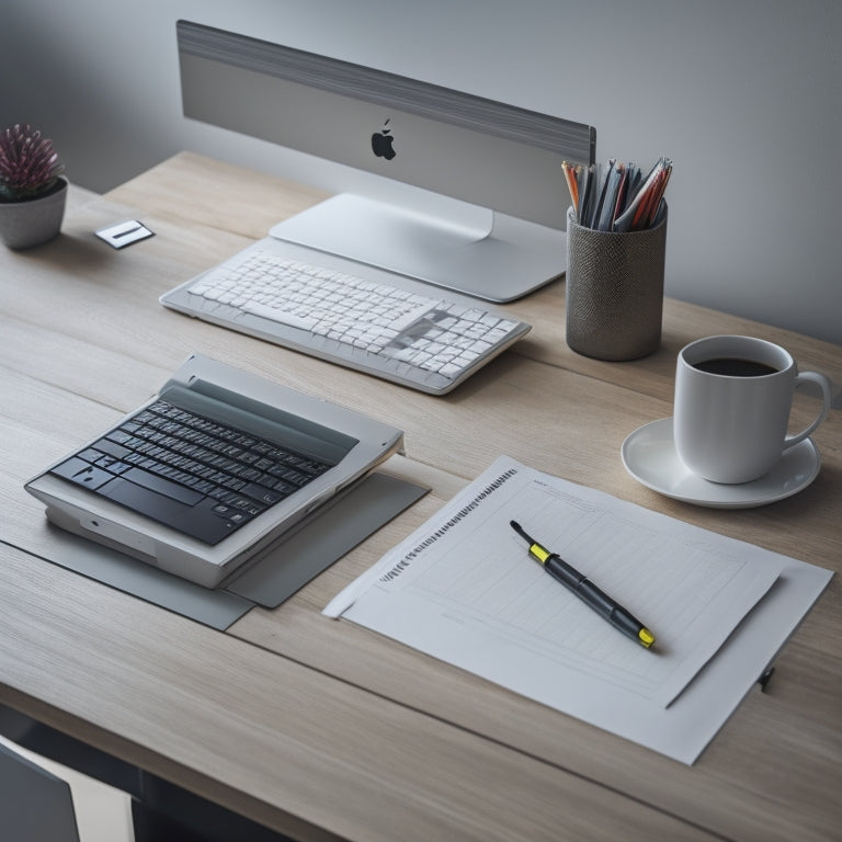 A minimalist desk with a laptop, a few neatly organized papers, and a single pen, surrounded by a subtle grid of faint lines, conveying efficiency and organization.