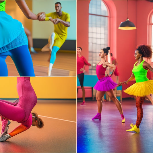 A vibrant dance studio scene with diverse dancers wearing wide fit shoes, showcasing flexibility and comfort. Brightly colored shoes with cushioned soles, dynamic poses, and soft wooden floors reflecting energy and joy in motion.