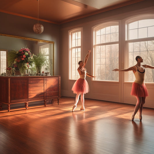 A warm-lit dance studio with a wooden floor, mirrored walls, and a ballet barre, featuring a customized laser-cut wooden plaque with a dancing silhouette, surrounded by dance shoes and flowers.