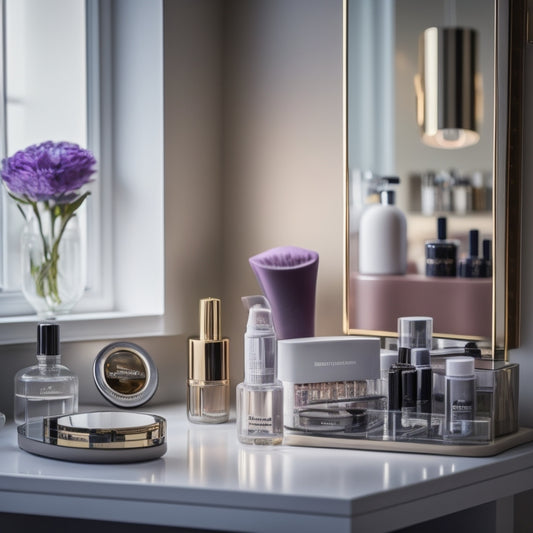 A clutter-free makeup station with a rotating makeup organizer, a timer, and a few select products, surrounded by a blurred background of a bustling beauty salon or makeup studio.