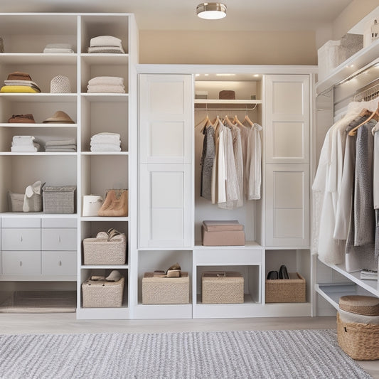 A serene, well-lit walk-in closet with a double rod organizer system, featuring sleek shelves, baskets, and hooks, surrounded by neatly hung garments and a few stylish accessories, against a soft, neutral background.