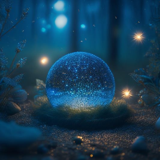 A whimsical, dark blue night scene with twinkling fireflies surrounding a glowing, ethereal orb, surrounded by swirling, shimmering digital code patterns, amidst delicate, sparkling fairy lights.