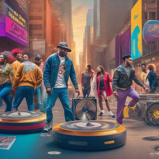 A dynamic illustration featuring a diverse group of dancers in various Hip Hop dance styles, surrounded by vinyl records, turntables, and boomboxes, with a cityscape or graffiti-filled background.