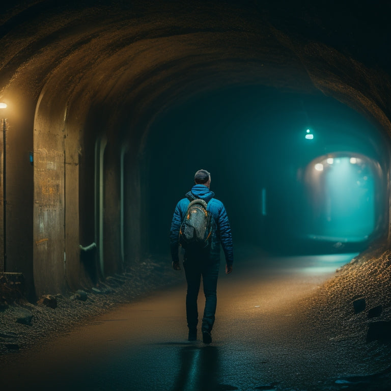 A dimly lit subway tunnel with worn stone walls, rusty tracks, and flickering fluorescent lights, featuring a lone backpacker in the distance, gazing up at a sprawling city map.