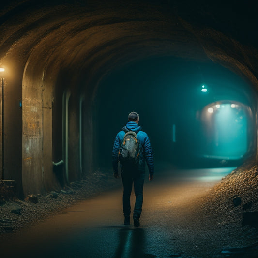 A dimly lit subway tunnel with worn stone walls, rusty tracks, and flickering fluorescent lights, featuring a lone backpacker in the distance, gazing up at a sprawling city map.