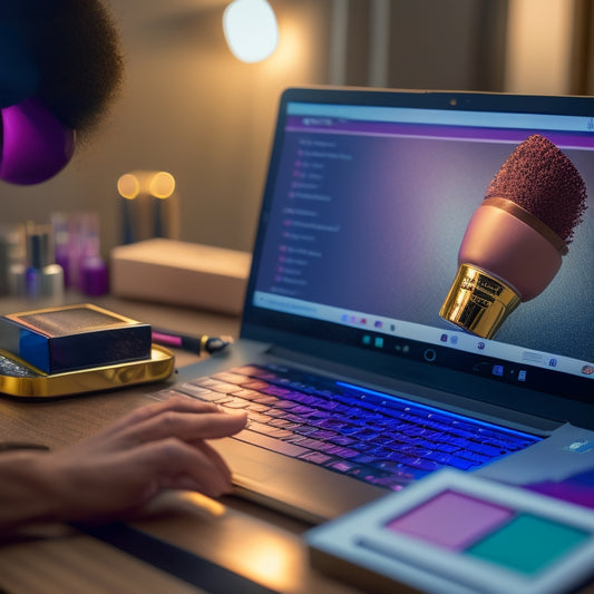 A close-up shot of a dance makeup artist's hands holding a makeup brush, with a laptop or tablet in the background displaying a certification badge on the screen, surrounded by dance-inspired makeup products.