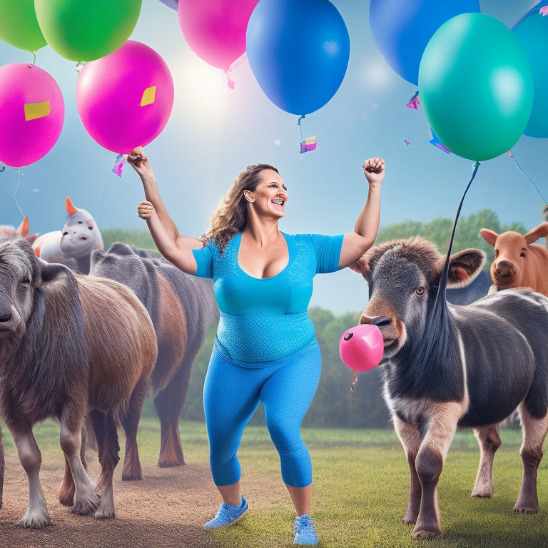 A vibrant illustration of a happy mother, surrounded by dancing farm animals, holding a pair of dumbbells and wearing a fitness tracker, amidst a rustic barnyard backdrop with balloons and confetti.