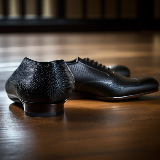 A close-up of elegant black leather ballroom practice shoes on a polished wooden dance floor, surrounded by soft, diffused lighting, capturing the intricate stitching and sleek design, evoking a sense of passion for dance.