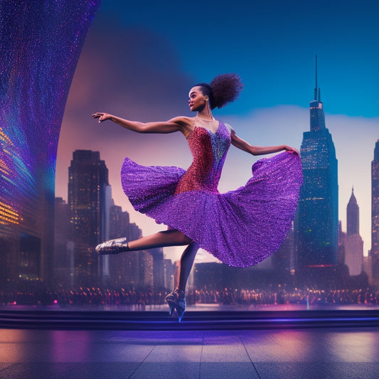 A vibrant, dynamic illustration of a confident dancer in mid-motion, surrounded by swirling music notes, spotlights, and dancing shadows, with a subtle cityscape or nightclub background.