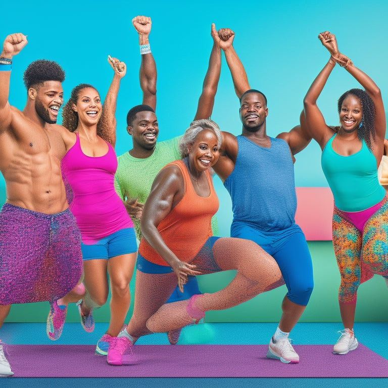 A vibrant, energetic illustration featuring a diverse group of people, ages 20-60, dancing and exercising in various online class settings, surrounded by laptops, phones, and fitness gear.