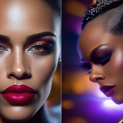 A split-screen image featuring a close-up of a jazz dancer's face with bold, shimmering eye shadow and glossy lips, alongside a mirrored reflection of the same dancer on stage, bathed in vibrant stage lights.