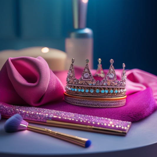 A beauty pageant sash draped over a worn, faded sweatshirt with glittery tiara and high heels scattered around, surrounded by makeup brushes and mirrors, with a subtle sparkle effect.