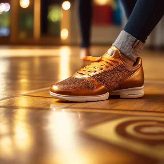 A close-up of a pair of sneakers on a shiny wooden dance floor, surrounded by faint salsa dance floor markings, with a blurred-out salsa dancer's legs in the background.