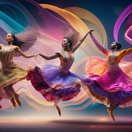 Vibrant illustration of diverse dancers in motion, surrounded by swirling patterns of light, ribbons, and musical notes, blending modern and abstract elements to evoke freedom and joy.