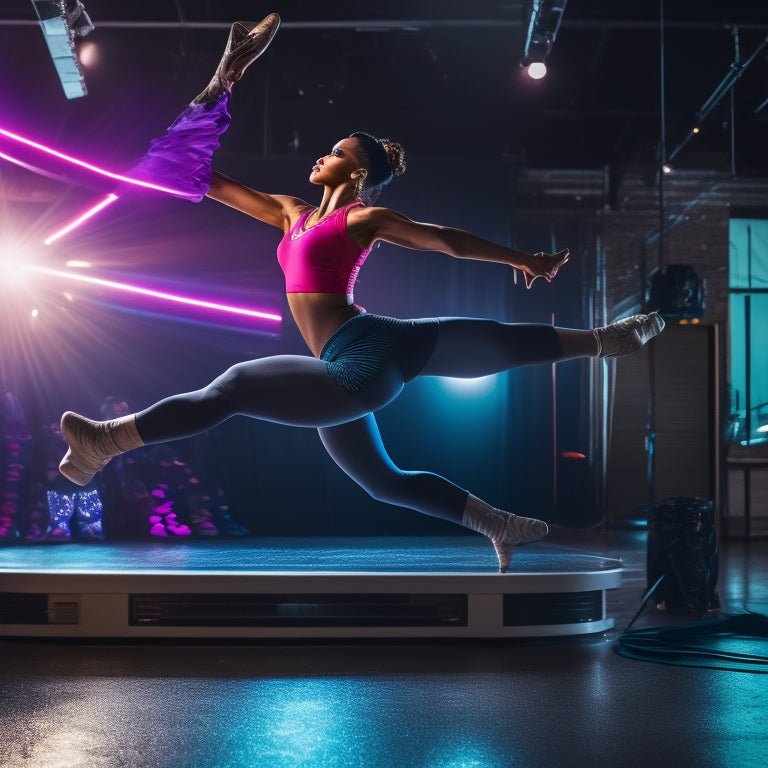 A dancer in mid-leap, surrounded by scattered dance shoes, a portable dance barre, resistance bands, and a mirrored mini dance studio backdrop, with dramatic spotlighting and blurred motion effects.