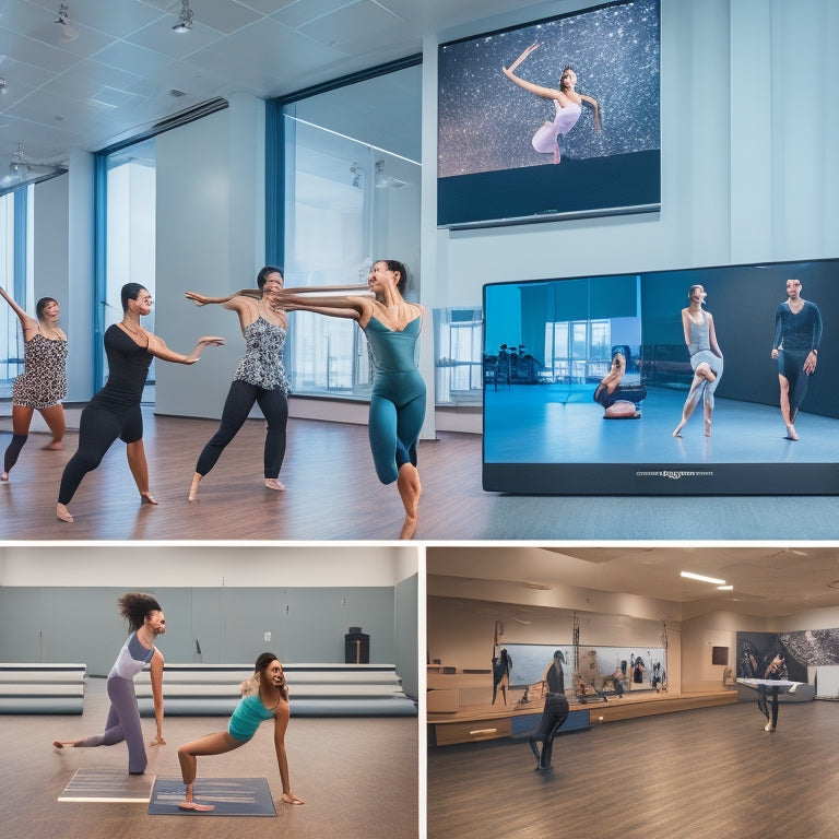 A modern dance studio with sleek floors and mirrors, surrounded by laptops and tablets displaying dance studio software, with a few dancers in the background stretching or practicing moves.