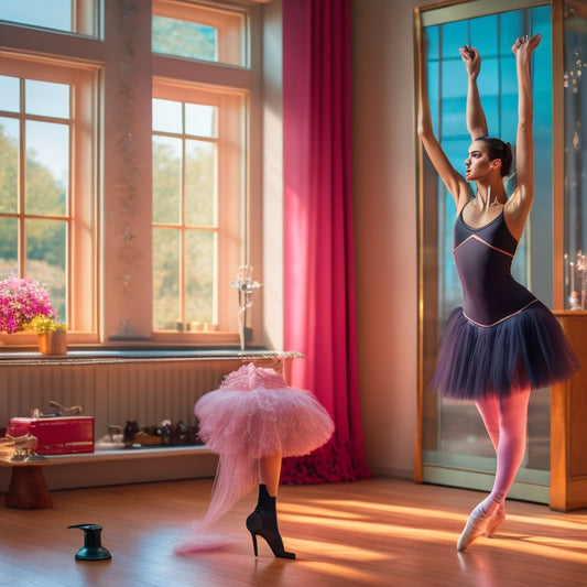 A graceful dancer in a fitted black leotard, soft pink tights, and leather ballet shoes, poses in a sunlit studio with mirrored walls and a wooden barre, surrounded by delicate ballet accessories like hairpins and a water bottle.