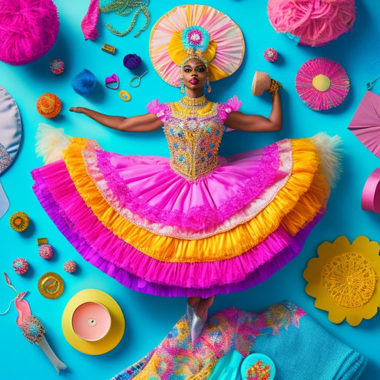 A whimsical illustration of a dancer surrounded by colorful fabrics, threads, and sewing tools, with various costume templates and designs scattered around, in a vibrant, pastel-colored background.