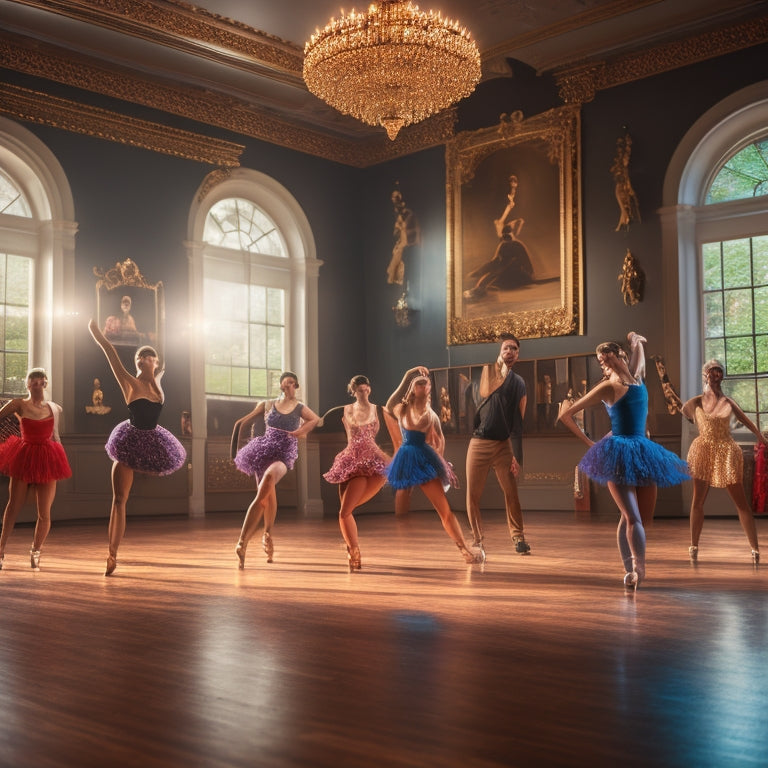 A vibrant dance studio with mirrors, wooden floors, and a grand piano; spotlight shining on a group of diverse dancers in various poses, surrounded by trophies and medals on shelves.