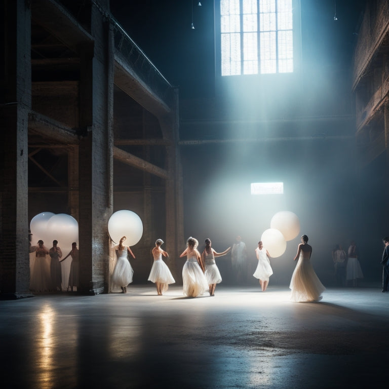 A dimly lit, industrial-chic warehouse with concrete floors and exposed brick walls, where dancers in flowing white attire move fluidly amidst suspended, glowing orbs and wispy fabric installations.