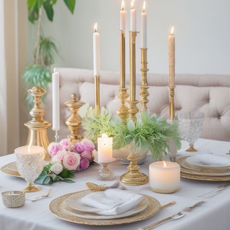 A serene, golden-lit table setting with a ornate, antique cross as the centerpiece, surrounded by three pillar candles, a woven palm branch, and a few fresh flowers in soft, pastel hues.