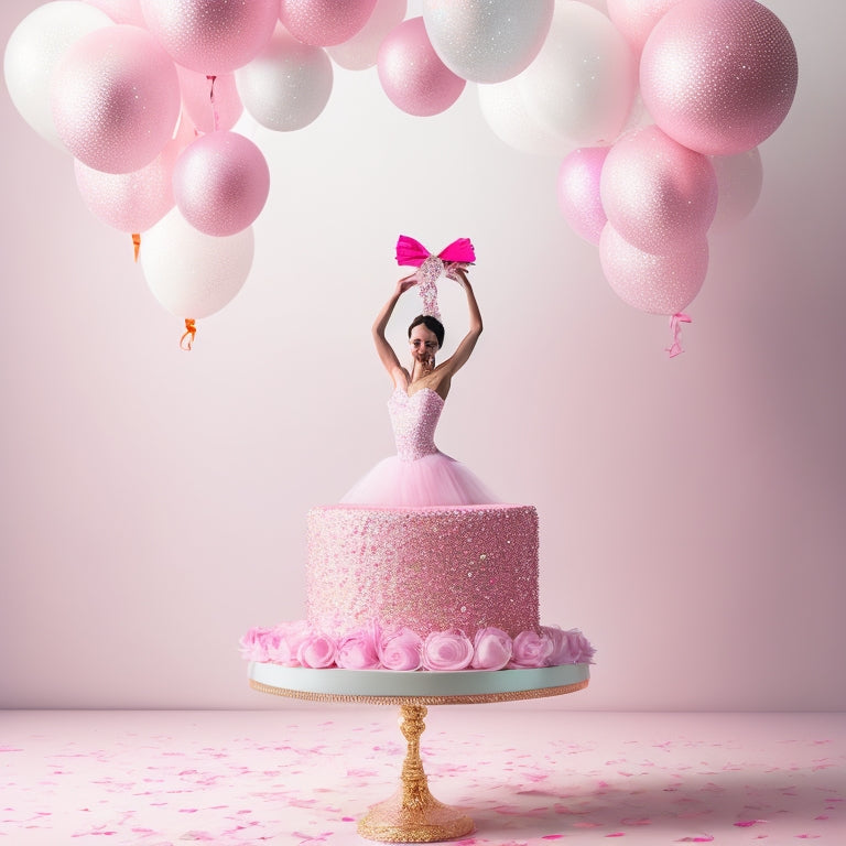 A whimsical illustration of a tutu-clad ballerina surrounded by confetti, balloons, and a giant pink birthday cake with a ballet slipper on top, set against a pastel pink background.