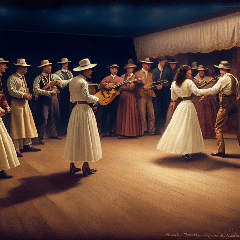 An illustration of a vintage-style square dance scene with subtle, ominous undertones: a faint Confederate flag pattern on the dance floor, a broken guitar with a noose-like strap, and a hint of a Ku Klux Klan hood in the shadows.