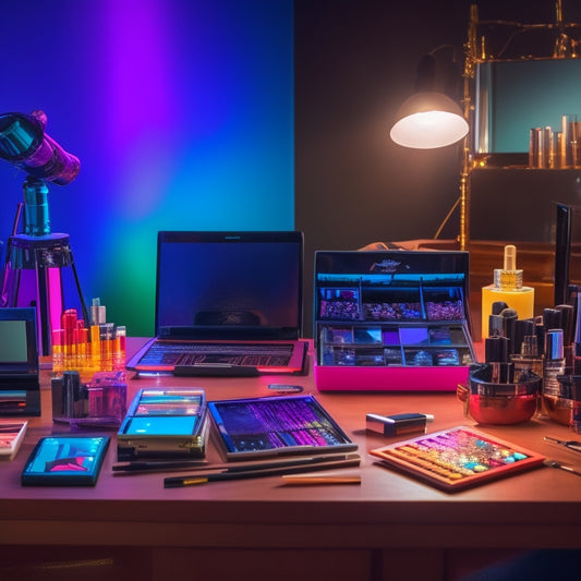 A cluttered, dimly lit makeup station with various digital devices, including a tablet, smartphone, and laptop, surrounded by makeup brushes, mirrors, and colorful cosmetics, with a spotlight shining down.