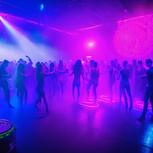 A dark-lit dance floor with a glowing neon-lit DJ booth, surrounded by dancers wearing neon-colored outfits and accessories, with glow sticks and fog machines creating an electric atmosphere.