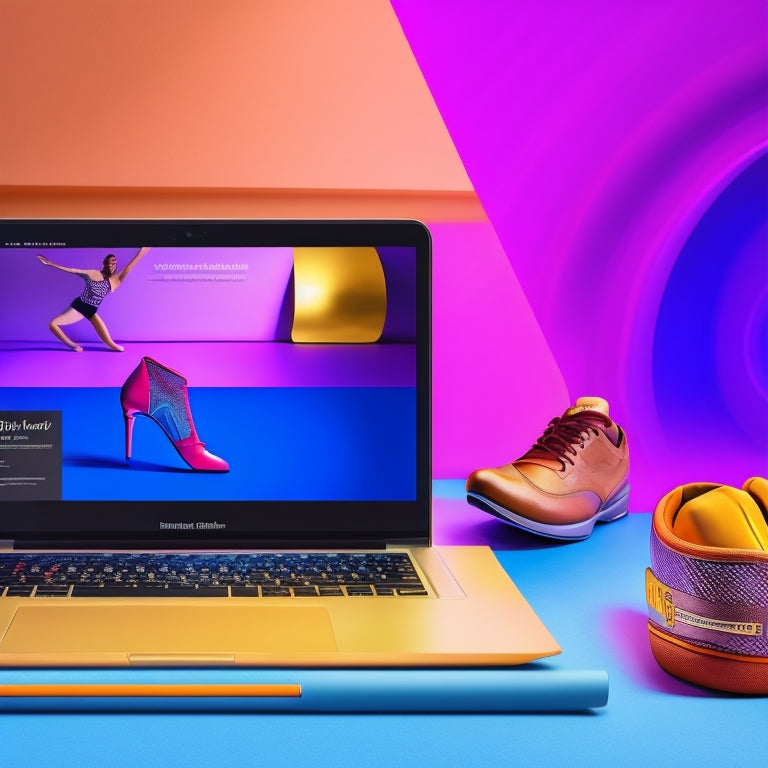 A colorful illustration of a laptop screen displaying a dance course landing page, surrounded by dance-themed props like ballet shoes, headphones, and a choreographer's notebook, set against a bright, gradient background.