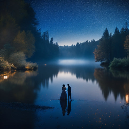 A misty, moonlit lake reflects the silhouette of a couple, their figures embracing, gazing upwards at a starry night sky, surrounded by lush greenery and twinkling fireflies.