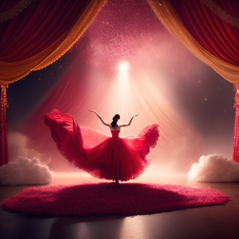 A whimsical illustration of a grand, dimly lit stage surrounded by red velvet curtains, with a lone dancer in mid-pose, spotlight shining down, amidst a flurry of swirling fabrics and shimmering confetti.