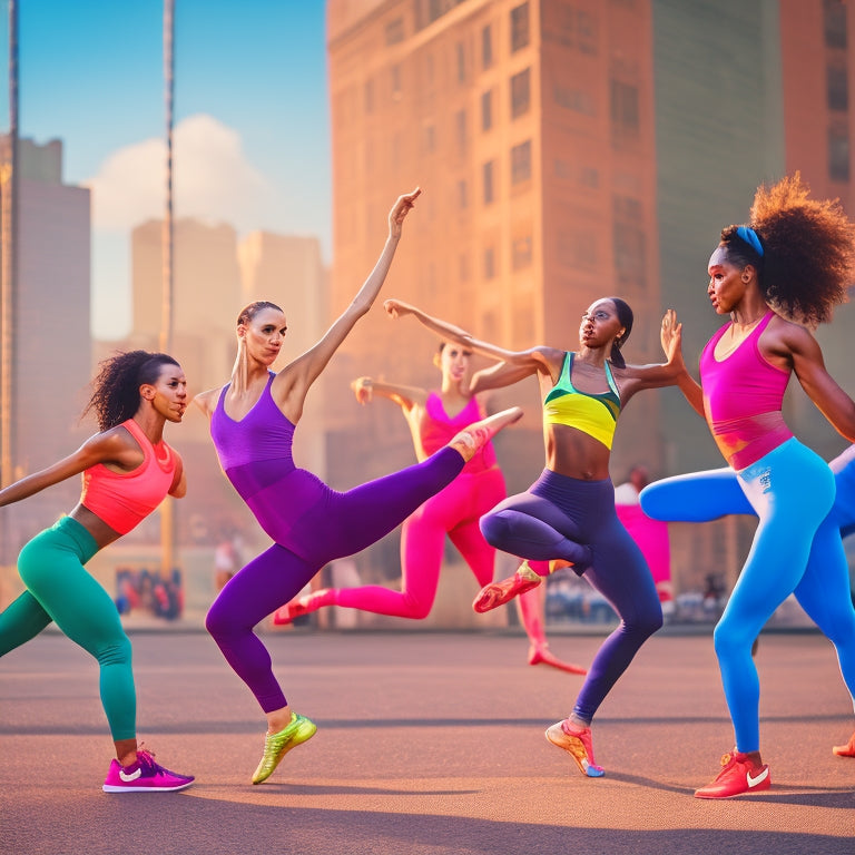 A dynamic scene featuring diverse dancers showcasing various Nike dance shoes in vibrant colors, set against an urban backdrop. Highlight their fluid movements, capturing energy, rhythm, and style in a lively dance studio atmosphere.