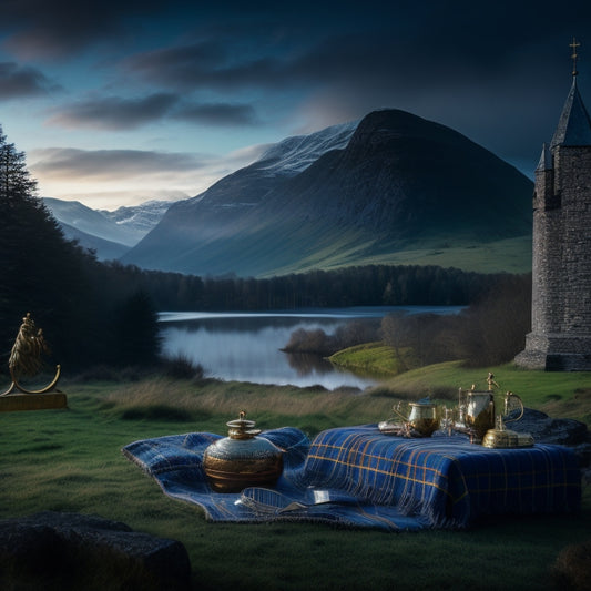 A misty, moonlit Scottish Highlands landscape with a majestic castle in the distance, bagpipes and a Celtic harp lying on a tartan blanket, surrounded by awards and trophies.