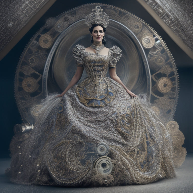 An illustration of a woman wearing a transforming dress, with swirling fabric and threads unraveling to reveal a hidden layer, surrounded by gears, cogs, and tiny mechanical components.