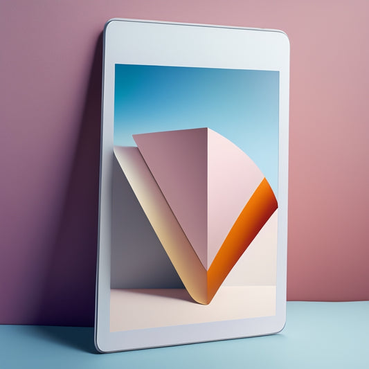 A stylized, modern illustration featuring a minimalist, sleek design with a subtle background gradient, showcasing a digital tablet with a downloaded abstract book cover on the screen.