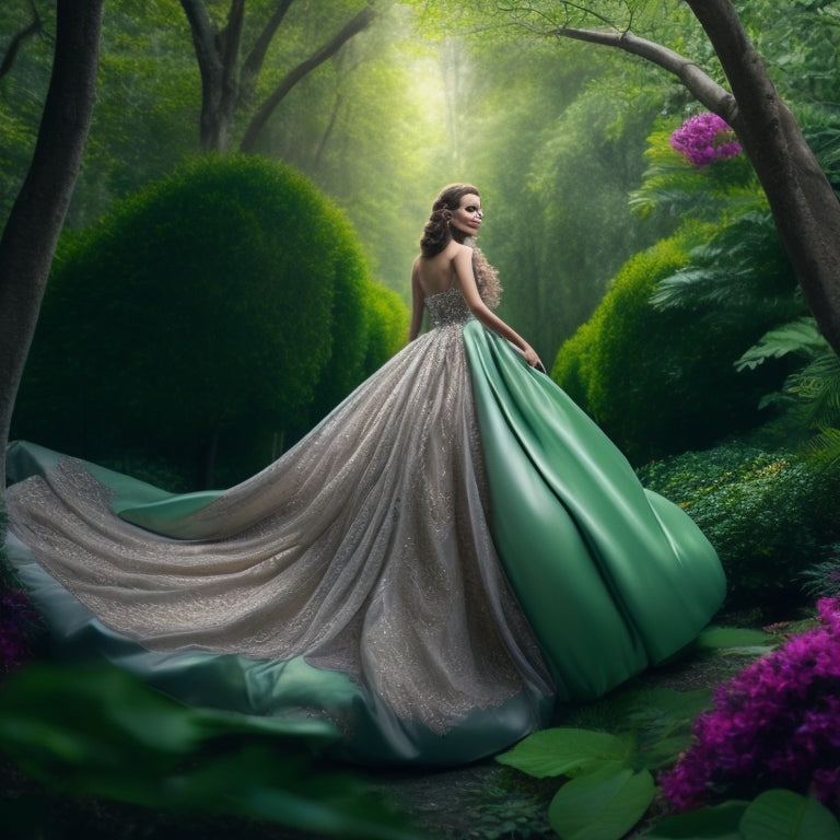 A whimsical illustration of a flowing, floor-length, Daphne-inspired gown made of luxurious silk fabric, surrounded by lush greenery, with subtle movement lines conveying a sense of dancing.