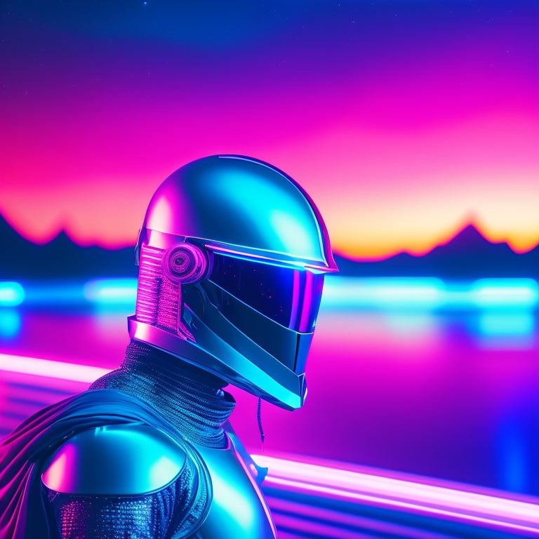 A futuristic, neon-lit landscape with a giant, silver helmet from Daft Punk's iconic costume, surrounded by swirling, vibrant lights and abstract, electronic music-inspired patterns.