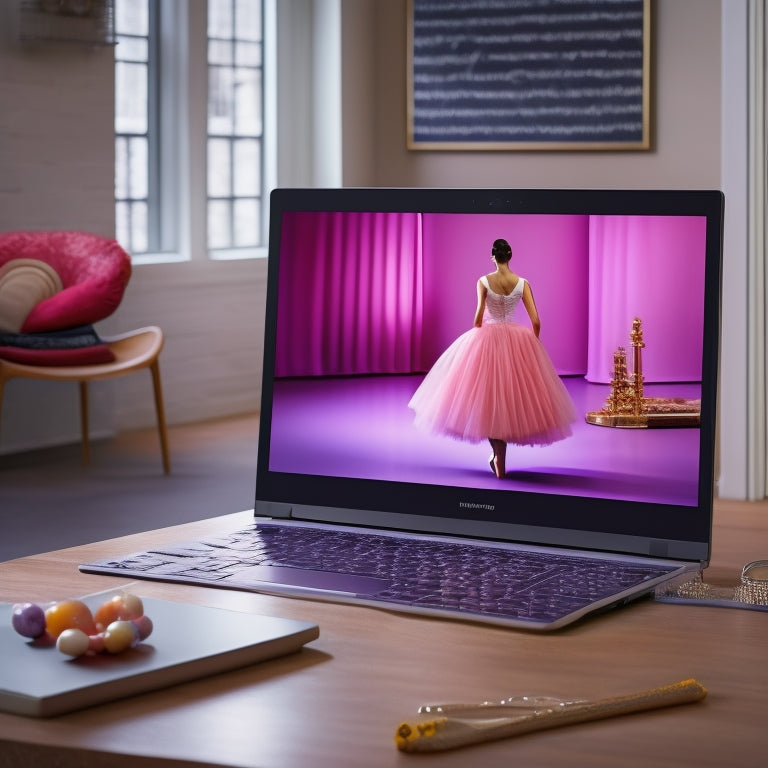 A stylized illustration of a laptop or tablet screen displaying a dance studio interior, with a ballet barre, mirror, and a few dance shoes scattered around, surrounded by subtle digital elements, such as Wi-Fi signals or subtle coding patterns.