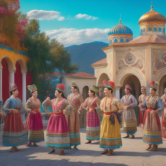 A whimsical illustration featuring a group of traditional Macedonian folk dancers in colorful costumes, surrounded by intricate folk patterns and motifs, set against a warm, sunny background with subtle Balkan-inspired architecture.