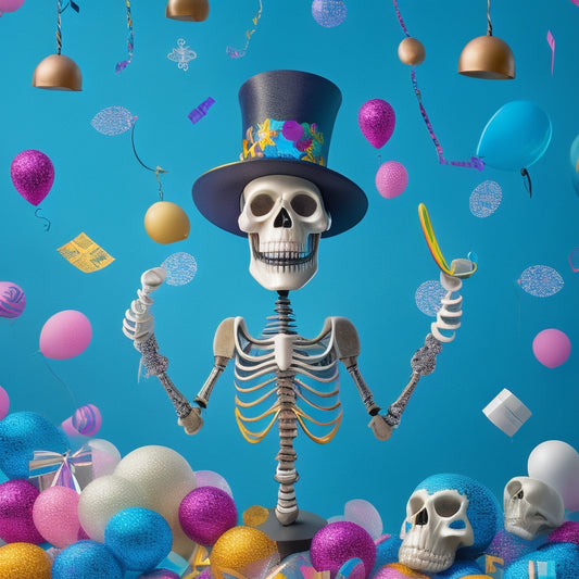 A whimsical illustration of a smiling skeleton wearing a top hat and holding a microphone, surrounded by colorful musical notes and dancing bones, set against a bright blue background with confetti and balloons.