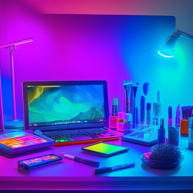 A vibrant, neon-lit makeup station with a laptop, tablet, and smartphone displaying digital dance makeup tutorials, surrounded by colorful brushes, makeup palettes, and glittering beauty products.